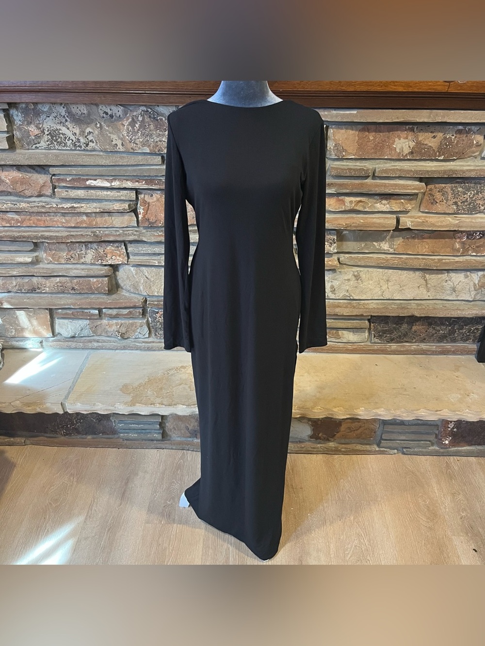 Oh Polly Batch I Classic Black Long Sleeve Backless Jersey Maxi Dress